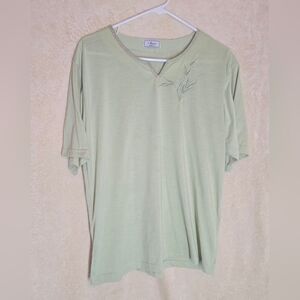 Anne Fashion Green Embroidery Leaves Short Sleeve Cotton women's Blouse Top Shir